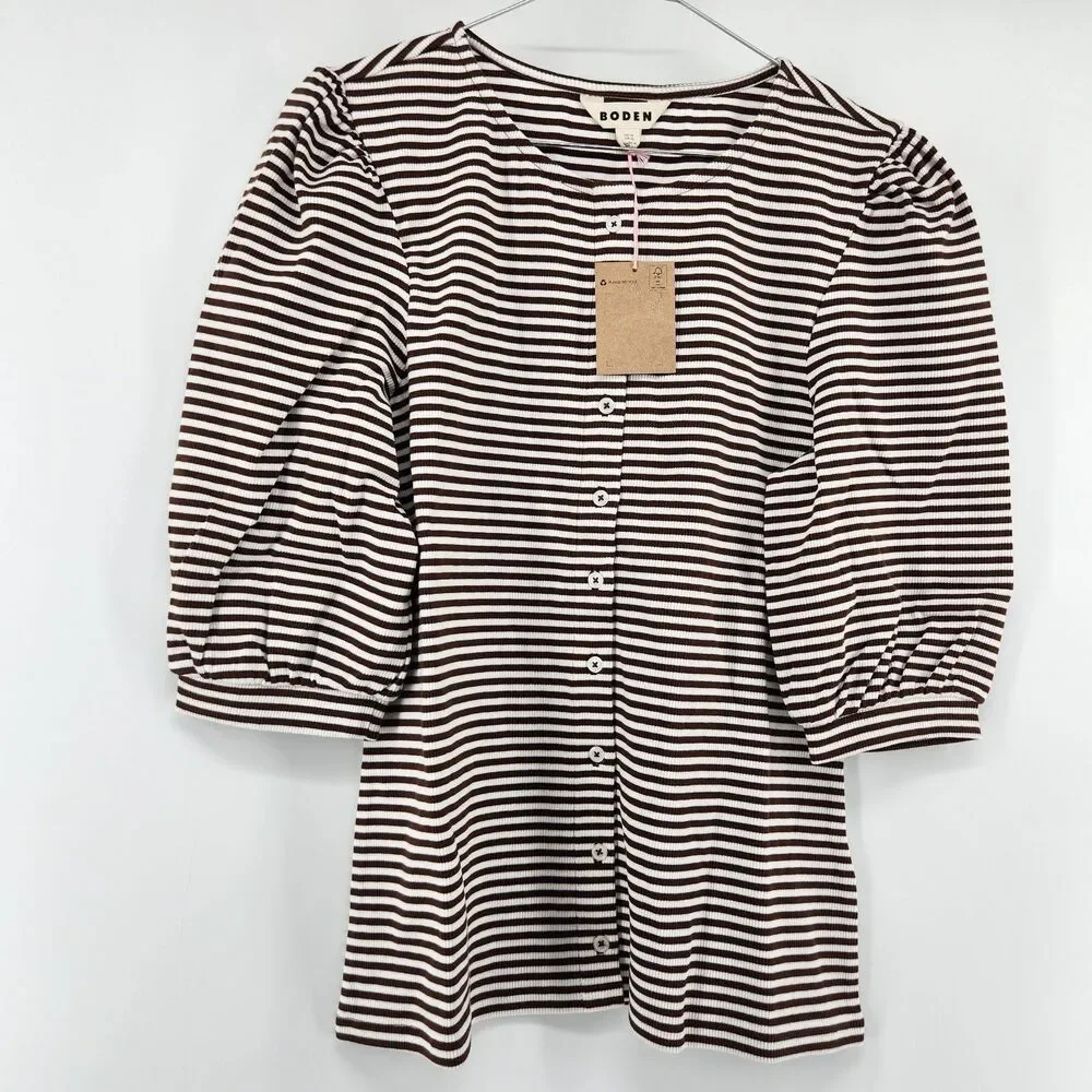 Boden Women's Size US 10‎ Potting Soil Ivory Stripe Ribbed Puff Sleeve Top NWT